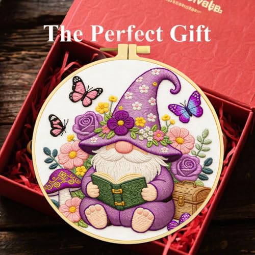 Zhenqing Purple Gnome Reading Book Embroidery Kit, Fairy Garden Craft Set with 20cm Hoop, Printed Design on 29x29cm Cotton Fabric, DIY Whimsical Wall Art (JC0071)
