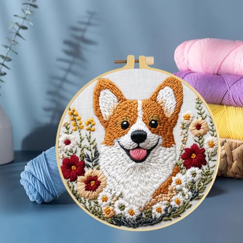 Punch Needle Kits Corgi Dog in Flowers 20x20cm-3