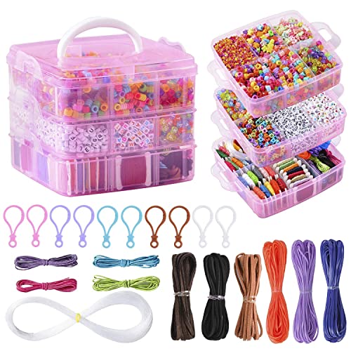Peirich Bracelets Making Bead Kits, Includes 44 Colors Embroidery Floss with 3-Tier Organizer Storage Box, Over 4900 Beads for Friendship Bracelets, Jewelry Making Christmas Birthday Gift (Pink) - color: Pink