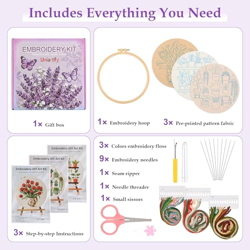 3 Pack Embroidery Kit for Adult Beginners, Needlepoint Cross Stitch Kits with Flower and Green Plant Stamped Patterns, Embroidery Hoop, Tools,Colorful Threads,Step by Step Instructions,DIY Starter Kit - color: Embroidery Kit-A