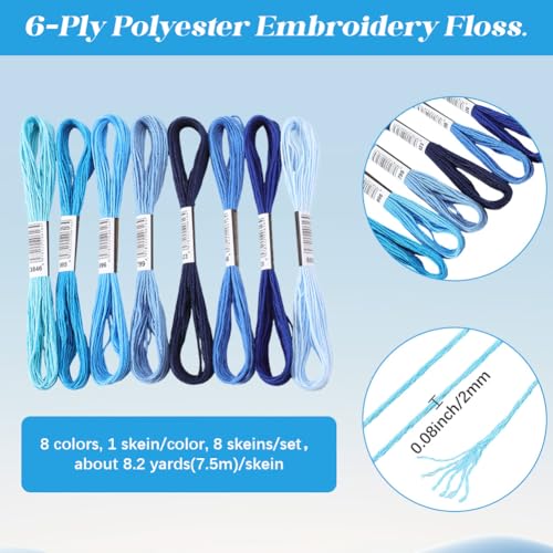 8 Skeins 6 Strands Blue Embroidery Floss Thread Polyester Variegated Gradient Cross Stitch Threads Friendship Bracelets String Bulk for Jewelry Making Hand Sewing Knitting Stitching Crafts - color: Blue
