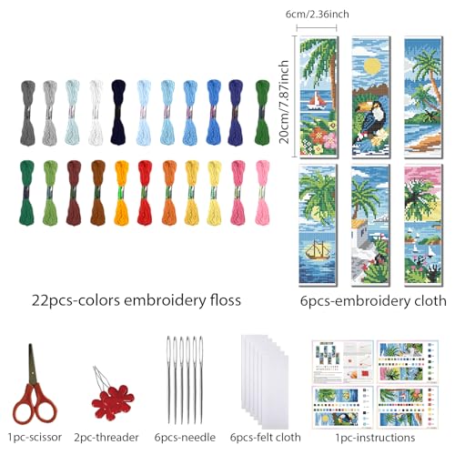 FREEBLOSS 6 Set Cross Stitch Bookmark Kit 11 CT Stamped Cross Stitch Kit DIY Embroidery Bookmark Kits for Adult Beginners with Instructions, Tropical Landscape Pattern, 6 x 20 cm/8" x 2.4" - style: Tropical