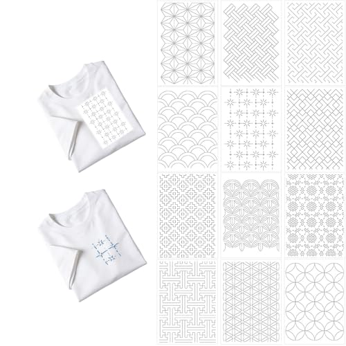 12 Sheets Pre-Printed Water Soluble Stabilizer with Sashiko Patterns, Stick and Stitch Embroidery Transfer Paper for Hand Sewing, Quilting and Embroidery