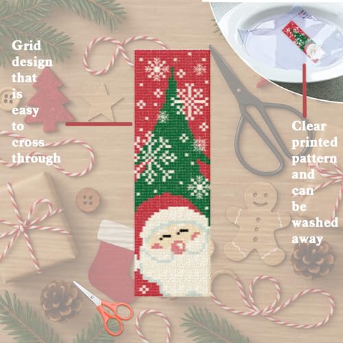 FREEBLOSS 6 Set Christmas Cross Stitch Bookmark Kits Snowman Santa Claus Stamped Cross Stitch Kit DIY Bookmark Craft Kit with Instructions for Beginners, 20x6cm/8x2.4inch - style: Casual