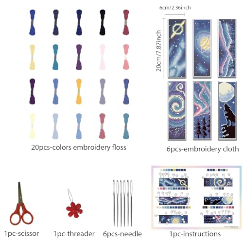 ORIGACH 6 Set Cross Stitch Bookmark Kit for Beginner Starry Sky Pattern DIY Stamped Embroidery Bookmark Kit with 20 Colors Embroidery Floss Instructions 8''x2.4'' - style: Starry Sky