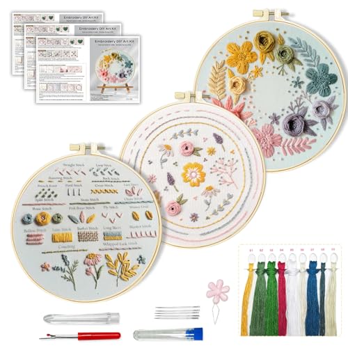 Huacan Floral Embroidery DIY Art Kit for Beginners Adults - 3 Pattern Sets with Guide, Adjustable Hoop, Color Threads, Needles & Tools | Home Decor Craft Gift
