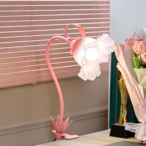 Flower Clip On Desk Lamp for Home and Dorm - Cute Floral Clip On Bedside Book Reading Light, Pink Flower Bunk Bed Lighting, Kawaii Led Flexible Gooseneck Table Lamp for Headboard with Clamp - color: Pink