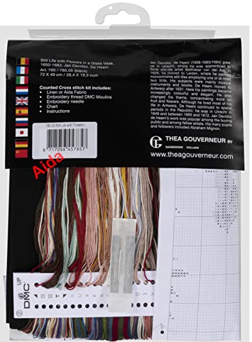 Thea Gouverneur - Counted Cross Stitch Kit - Still Life with Flowers in a glass Vase - 2 - Aida Black - 14 count - for Adults - DMC Embroidery Threads and other Cross Stitch Supplies Included - 785.07 - color: 785.07 Aida 14 Black