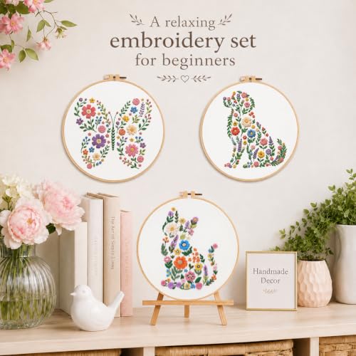 Nuberlic 3 Pack Embroidery Kit for Beginners with Animal Floral Patterm - color: animal floral