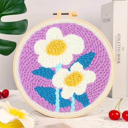 Woohome Punch Needle Kit Included Plastic Hoops, Punch Needle Cloth, Color Yarn and Punch Needle Tools for Adults, Beginners (Chrysanthemum, Lotus, Lily) - color: Color 16