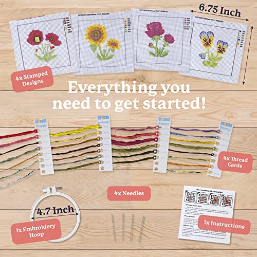Kraftex Stamped Cross Stitch Kits for Beginners (Flower Theme - 6.75 Inch - 4 Pack 1 x Embroidery Hoop) Embroidery Needlepoint Patterns for Adults, Includes Poppy, Rose, Sunflower and Pansy - style: Flowers - Pansy, Roses, Poppy, Sunflower
