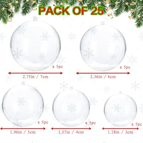 Christmas Ornaments Balls 25pcs Clear Plastic Fillable Ornaments for Crafts Bulk, DIY Hanging Transparent Round Ball Ornaments for Christmas Tree Decorations Home Decor Wedding Birthday Party Supplies - style: 5 Different Sizes Balls