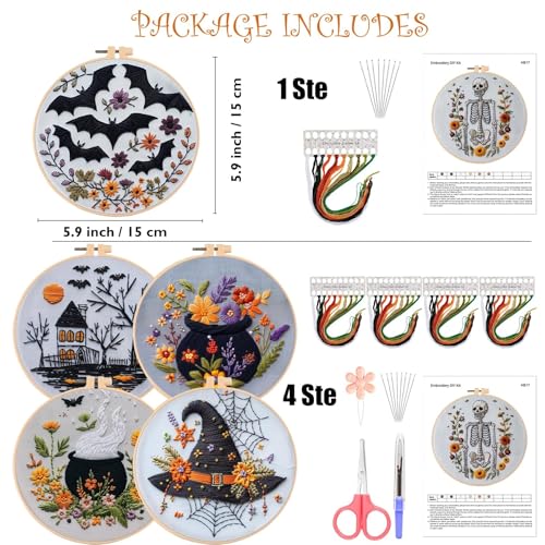 MGARDENMYI Floral Witch Hat Embroidery Kit Halloween Cross Stitch Material Set with Bat Skull Flower Pumpkin Patterns, DIY Hand Needlepoint Embroidery Craft Kit for Beginners Professional (Set of 7) - color: Set of 7