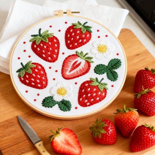 BEUNITONE 4 Set Strawberry Embroidery Kit for Adult Beginners 7.9"x7.9" DIY Stamped Needlepoint Kits with Pre-Printed Designs, Complete Handmade Embroidery Craft for Relaxing Hobby and Home Decor - style: B-Strawberry