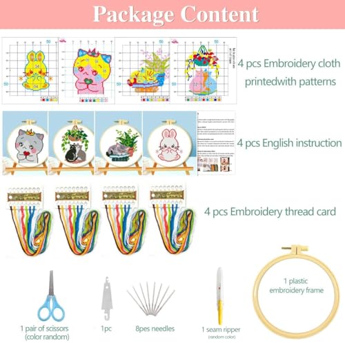 Zhenqing 4 Cute Animal Cross Stitch Kit for Beginners, 11CT Printed 24x24cm with Hoop, Dinosaur Cat Bunny Embroidery Set（68123）
