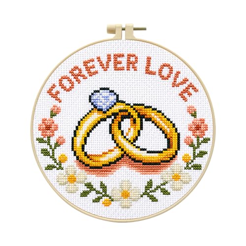 Zhenqing Forever Love Cross Stitch Kit with Wedding Rings, 11CT Printed 20x20cm for Beginners, Romantic Embroidery Set with 16cm Hoop(70837) - color: Forever Love