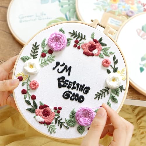 Topapfo Funny Embroidery Kit for Beginners Adults, Feeling Good Embroidery Patterns with Hoops Thread Needles Tutorials - color: feeling good