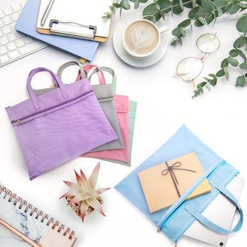 Tlence 5 Pack Mesh Zipper Pouch with Handle, A4 Double Layer Document Storage Bag, Waterproof File Pocket for Paper Books Art Supplies, Foldable Folder Bag Suitable for Office Travel Carry, 5 Colors