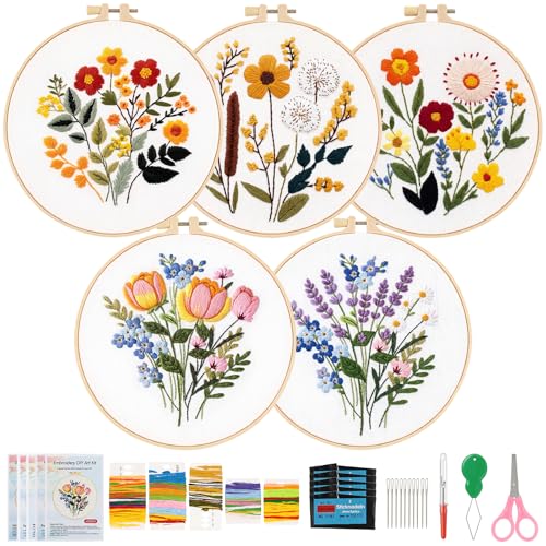 FooGuila Embroidery Kits for Adults, 5-pcs Ebroidery Kit Flowers, Stamped Cross Stitch Kits Floral Embroidery Patterns, Cross Stitch Kits for Adult,Ideal Screen-Free Crafts Gift for Women
