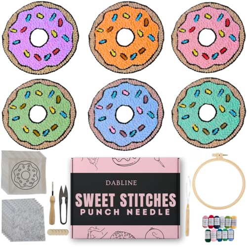 Dabline Punch Needle Kit for Beginners – 6 Pattern Punch Needle Coaster Set with Hoop, Needle, Threader, Yarn & Backing Fabric for Adults and Kids DIY Craft