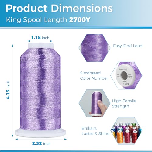 Simthread 2700 Yards Metallic Embroidery Machine Thread - Amethyst MS-015, 40wt High-Sheen King Spool, Smooth Running & Break Resistant for Commercial & Home Embroidery Machines - color: Amethyst MS-015