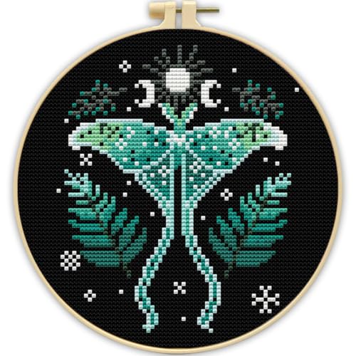 TCDZMYGS Stamped Cross Stitch Kits for Beginners-Moon Moth,with Hoop - color: Moth-2603