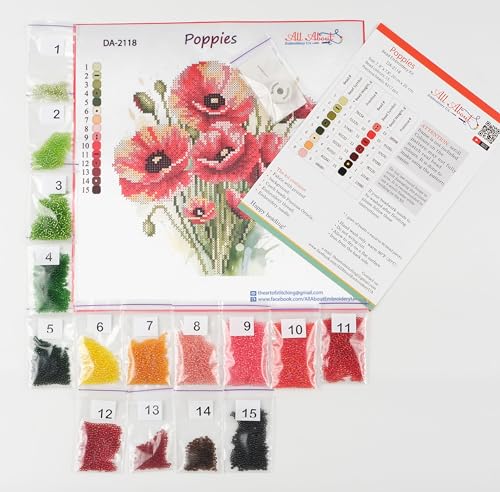 AllAboutEmbroideryUA Bead Embroidery kit Poppies DA-2118 Beaded Cross Stitch Floral Needlework kit