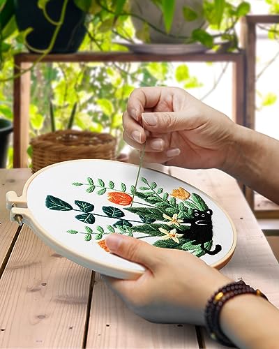 TINDTOP Embroidery Kit for Adults, Embroidery Kit for Beginners Include Embroidery Cloth Hoops Threads for Craft Lover Hand Stitch with Embroidery Skill Techniques (Black Cat) - color: Black Cat