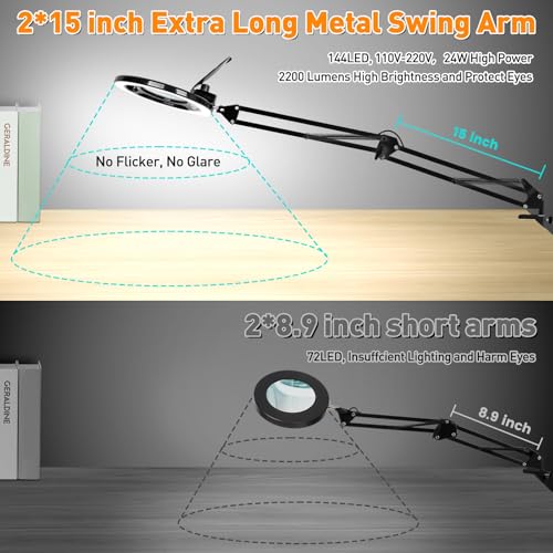 2200 Lumens Magnifying Lamp with Light, 10X Real Glass Lens - color: Black