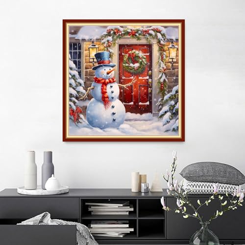 Joyhoor Cross Stitch Kit for Beginners, Pre-Printed Christmas Snowman Design, 18x18 Inch, Unisex, All Ages, Non-Foldable - color: Preprinted 10
