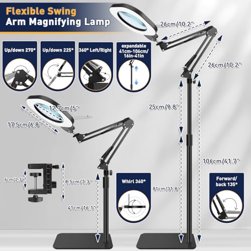 Magnifying Glass with Light and Stand,15x 3in1 Magnifying Lamp, 5 Color Stepless Dimmable,80 Led Desk&Floor Lamp with Lighted Magnifying Glass,Hands Free Magnifying Glasses for Close Work