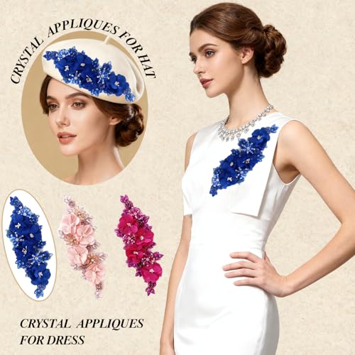 Handmade 3D Flower Embroidery Applique Rhinestone Lace Patches, Royal Blue - color: Royal Blue