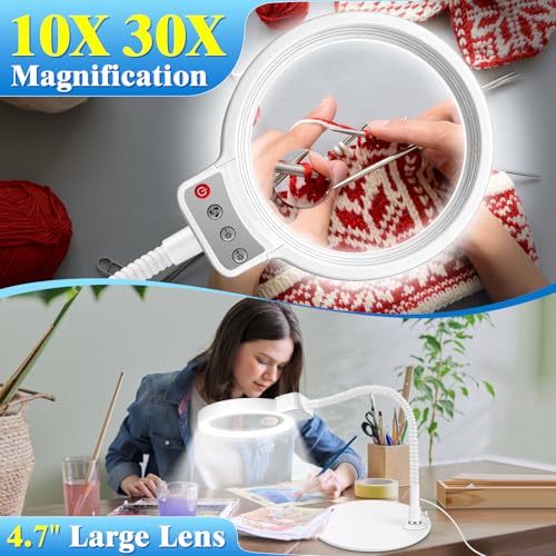 10X 30X Magnifying Glass with Light and Stand, LED Desk Lamp for Close Work - color: White