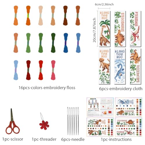 FREEBLOSS 6 Set Cross Stitch Bookmark Kit Cartoon Dinosaur Stamped Cross Stitch Kits for Beginners DIY Embroidery Bookmarks DIY Bookmark Kit for Adults Gift 6 * 20CM - style: Cartoon Dinosaur