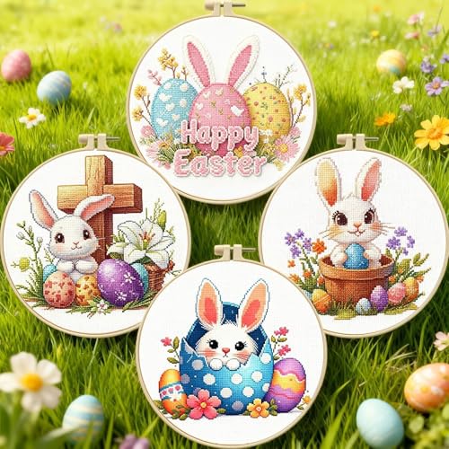 FEIYUENO 4 Pack Bunny Embroidery Kit for Adults Beginnerr, Easter - color: Easter