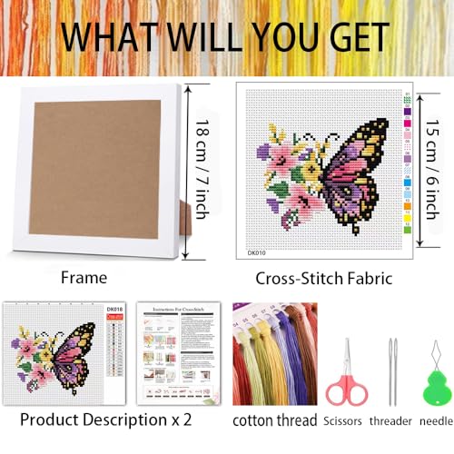 Butterfly Flower Stamped Cross Stitch Kits for Adults Beginners with Frame - color: Butterfly Flowers Cross Stitch with Frame