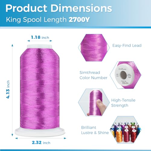 Simthread 2700 Yards Metallic Embroidery Machine Thread - Rose Purple MS-016, 40wt High-Sheen King Spool, Smooth Running & Break Resistant for Commercial & Home Embroidery Machines - color: Rose Purple MS-016
