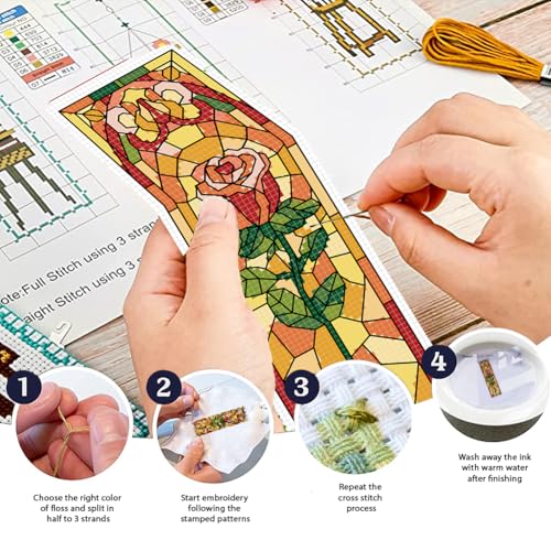 FREEBLOSS 6 Set Cross Stitch Bookmark Kits 8"x2.4" Colored Glass Flowers - style: Glass flower