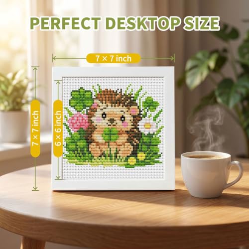 Hedgehog Clover Stamped Cross Stitch Kits for Beginners Adults with Framed - color: DKJ031