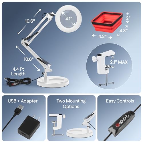 10X Magnifying Lamp - Desk Magnifying Glass with Light, Lighted Magnifying Glass with Stand, Magnifying Light, 5 Color Modes, 2 Mounting Options, USB Cable, Adapter & Magnetic Tray, White - color: White