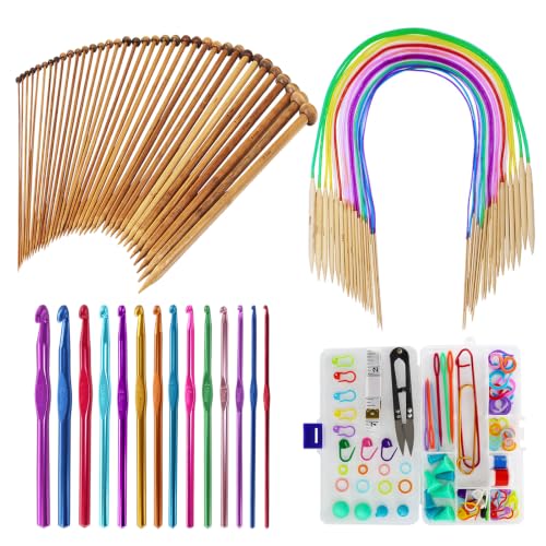 EXQUISS 18 Pairs Circular Wooden Knitting Needles Set With Colored Tube, 36 Pcs Single Pointed Bamboo Needles, 14 Pcs Aluminum Crochet Hooks Set Include Crochet Kits