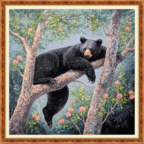 Funchey Counted Cross Stitch Kits for Adults Needlepoint Kits Unprinted Cross Stitching Embroidery Kit 11CT Cross Stitch Supplies-Little Bear on the Tree 18x18 inch - color: Artcolor15
