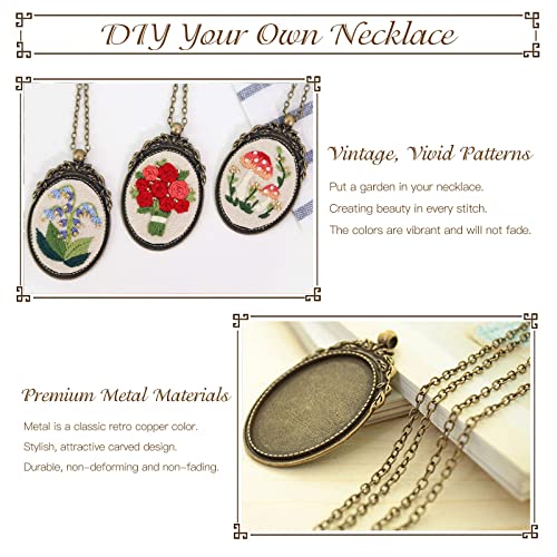 ZOCONE 3 Packs Embroidery Necklace Kit, Embroidery Pendant Kits Mini Cross Stitch Kit with Hoop, Necklace, Pendant, Beads, Stamped Pattern Cloth, Instructions, etc., Embroidery Kits for Adults - color: Gold Beads-F
