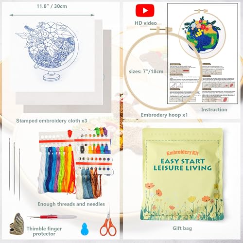 LX LERMX Embroidery Kits for Beginners, Adult Starter Cross Stitch Kit Needlepoint Complete DIY Kit with Unique Patterns, Hoop, Colorful Threads, Tools, Step by Step Instructions & Video Tutorial - color: Pattern 11 - 3PCS