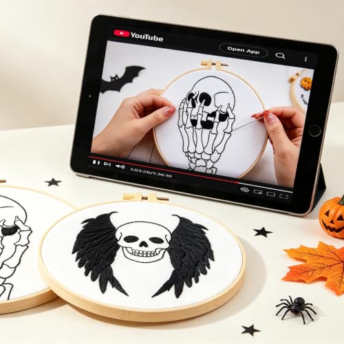Skull Halloween Embroidery Kits for Beginners Adults, Gothic Embroidery Sets Needlepoint Kits, Halloween Stamped Cross Stitch Kits for Beginners Adults, 2 Embroidery Hoops (Attached Video Tutorial) - color: Halloween-1, size: 8inch