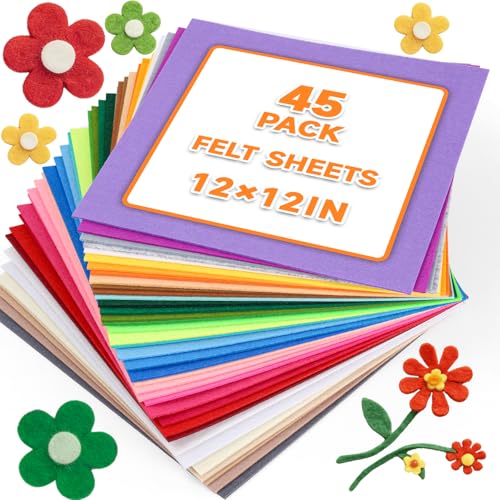45 PCS Felt Fabric Sheets 12 x 12 Inch 2mm Craft Felt Sheets - size: 12x12in