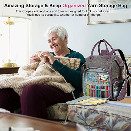 Coopay Knitting & Crochet Bag - Large Yarn Storage Backpack, Portable Organizer for Knitting Needles, Crochet Hooks & Supplies - color: Purple & Gray