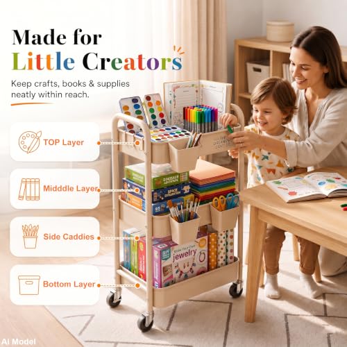 Beige 3 Tier Rolling Storage Cart Metal on Wheels, Cream Diaper Caddy Carts - color: Gentle‌ Beige, size: 3 Tier + Cups + Hooks
