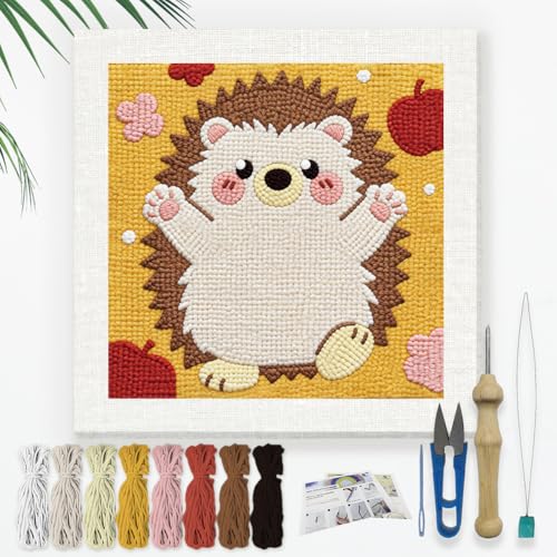 Doodlream Standing Hedgehog Needle Kit for Beginner, 9.4"x 9.4" Cute Animal Punch Stitching Craft Set, Color DIY Embroidery Starter with Printed Frame, Instruction, Threader, Yarn, Pinch Needle - color: Hedgehog