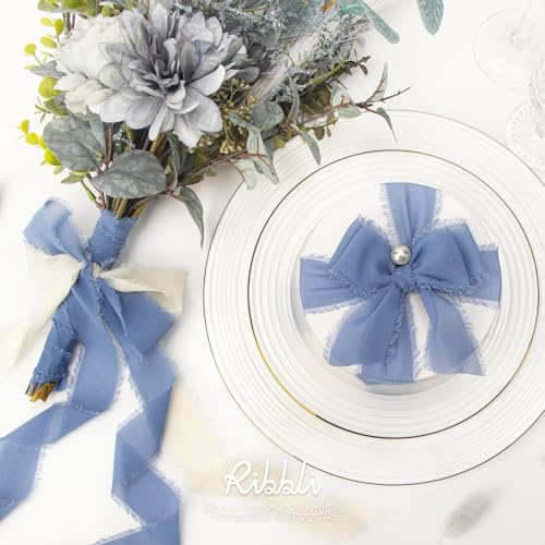 Ribbli Chiffon 1.5 Inch x 30 Yard Handmade Silk Ribbon - Ivory/Sage Green/Dusty Blue Fringe for Wedding Invitations, Bridal Bouquets, Wrapping, Flower Arrangement Decoration - color: Ivory/Sage Green/Dusty Blue